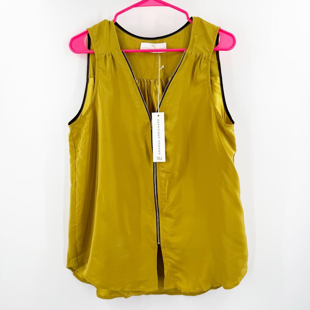 Amanda Uprichard Blouse Large NWT Mustard 100% Silk Zip Sleeveless Chartreuse